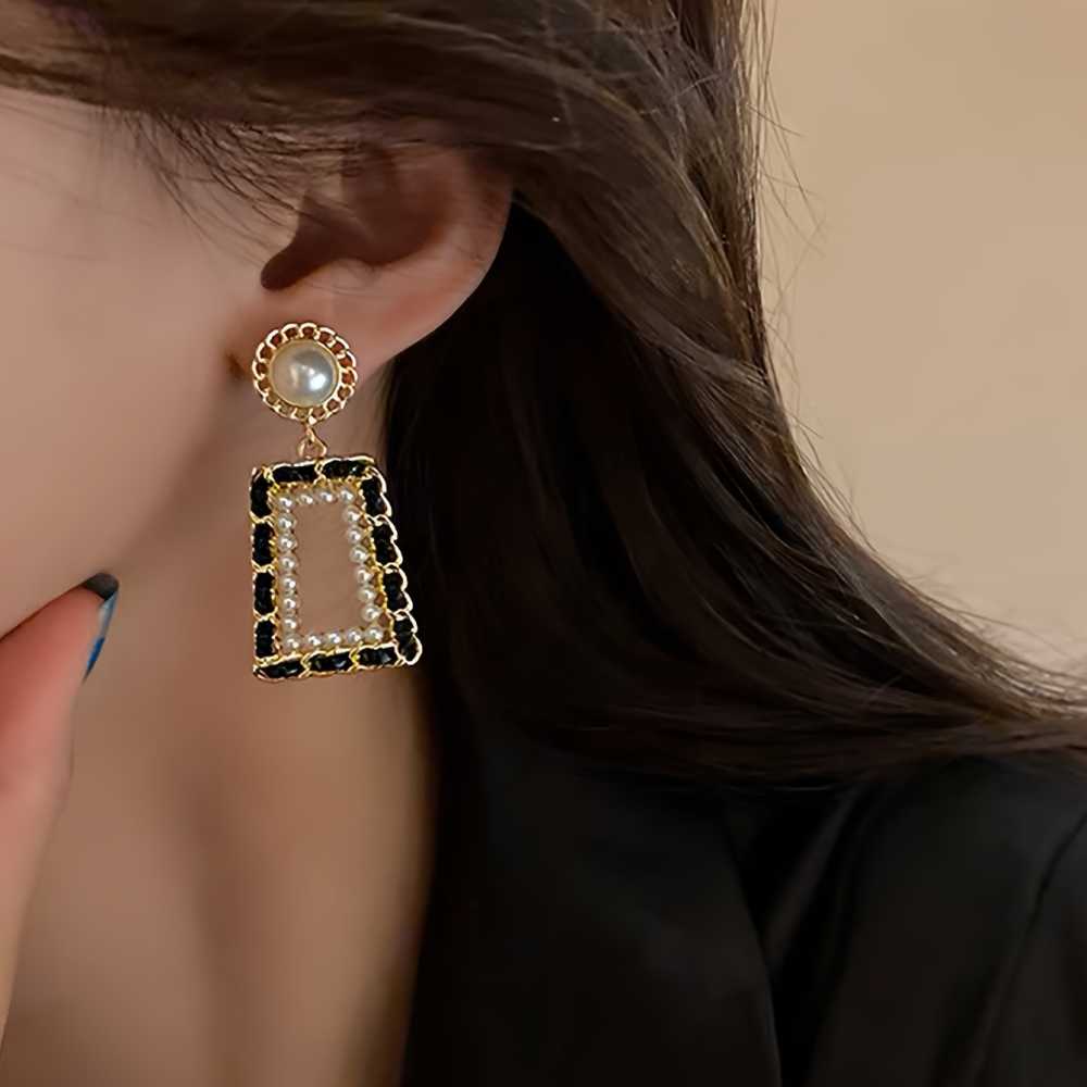 Hollow Geometric Shape Faux Pearl Dangle Earrings Elegant Simple Style