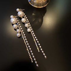 Sparkling Long Pearl Tassel Earrings with Zirconia Studs Elegant Design