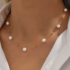 Elegant White Faux Pearl Bead Necklace Simple, Adjustable Thin Chain Jewelry.