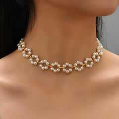 Faux Pearl Beaded Clavicle Chain Hollow Flower Necklace.