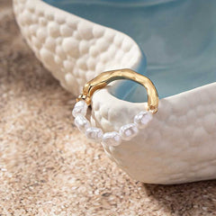 Golden Stretch Ring with Irregular Faux Pearl and Zinc Alloy Design.