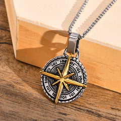 Men's Stainless Steel Compass Cross Pendant Necklace With Coin Design