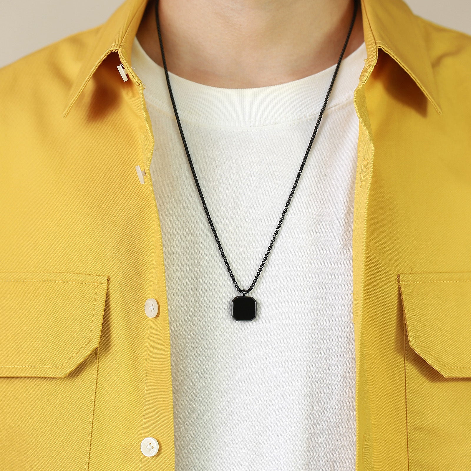 Men's Gold Plated Emerald Cut Onyx Pendant With Rope Chain