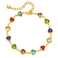 Women's Gold Plated Colourful Heart Link Chain Zirconia Adjustable Bracelet