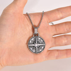 Men's Stainless Steel Compass Cross Pendant Necklace With Coin Design