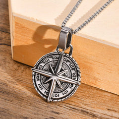 Men's Stainless Steel Compass Cross Pendant Necklace With Coin Design