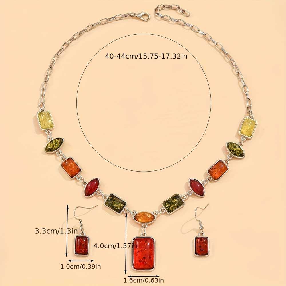 Vintage Style Faux Amber Geometric Square Necklace and Earrings Set