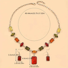 Vintage Style Faux Amber Geometric Square Necklace and Earrings Set