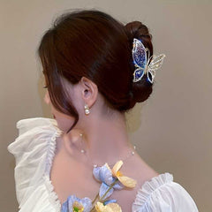 Butterfly Hair Claw Clip With Bright Rhinestones And Metal Shark Design