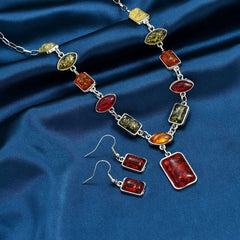 Vintage Style Faux Amber Geometric Square Necklace and Earrings Set