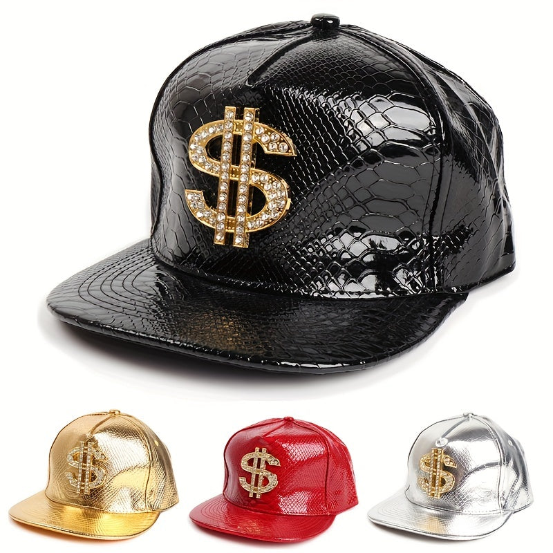 Leather Hip Hop Flat Brim Hat Dollar Point Drill Crocodile Print Baseball Cap