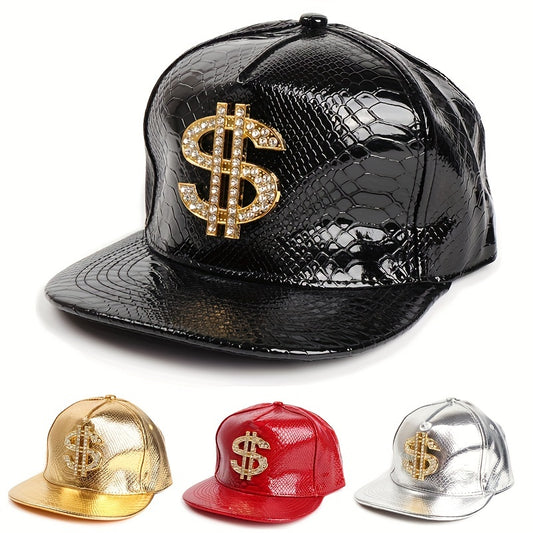 Leather Hip Hop Flat Brim Hat Dollar Point Drill Crocodile Print Baseball Cap