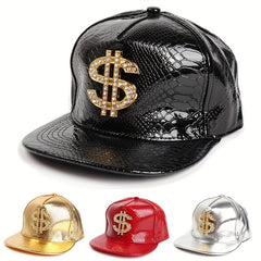 Leather Hip Hop Flat Brim Hat Dollar Point Drill Crocodile Print Baseball Cap
