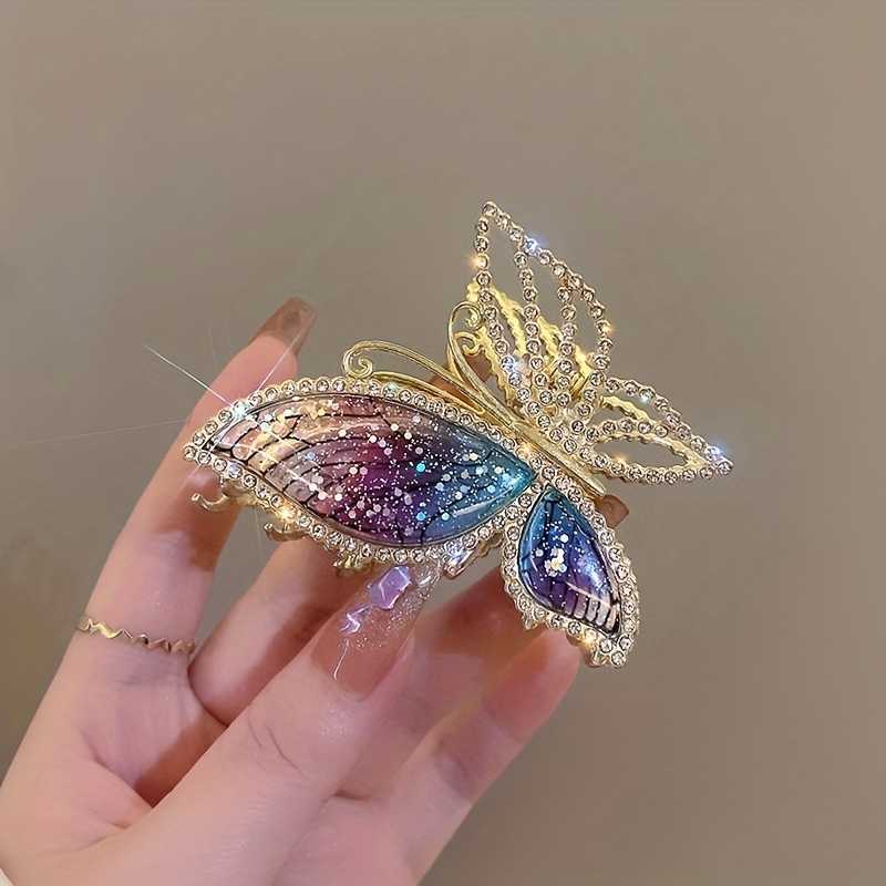 Butterfly Hair Claw Clip With Bright Rhinestones And Metal Shark Design