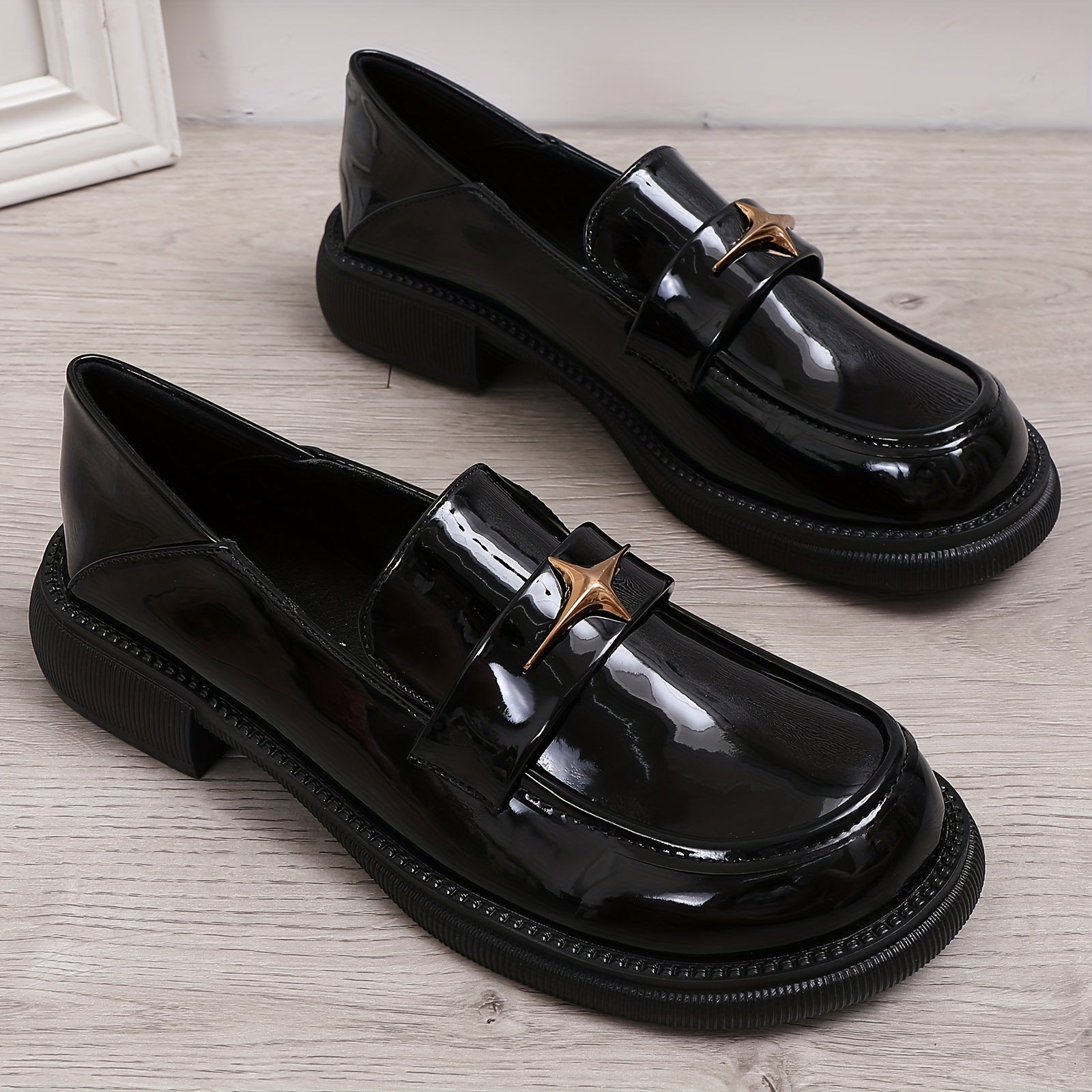 Women's Chunky Heel Loafers Slip On Faux Leather Shoes