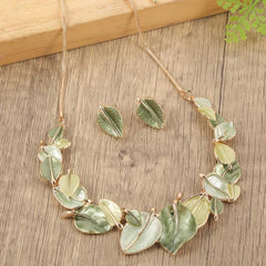 Leaf Shaped Earrings and Necklace Set Olive Green Jewelry for Gifts, Weddings, and Daily Wear