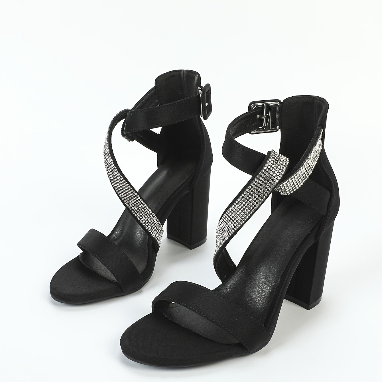 Rhinestone Ankle Strap High Heels Open Toe Block Heels Party Sandals