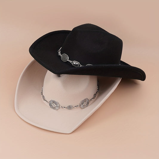 Western Cowboy Hat Silvery Iron Chain Decoration Wide Brim Sun Hat