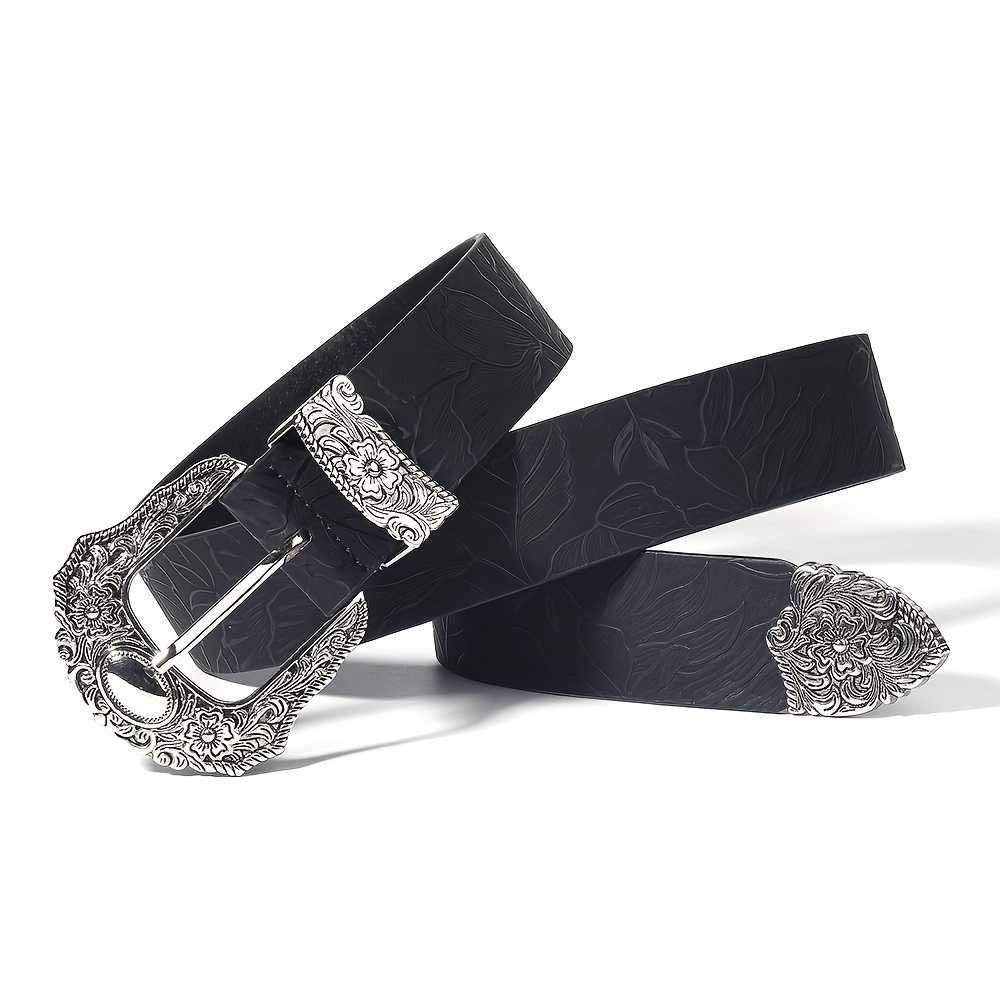 Rugged Western Cowboy Belt With Distinctive Large Square Flower Buckle