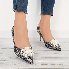 Pointed Toe High Heels Faux Pearl Print Stiletto Heels