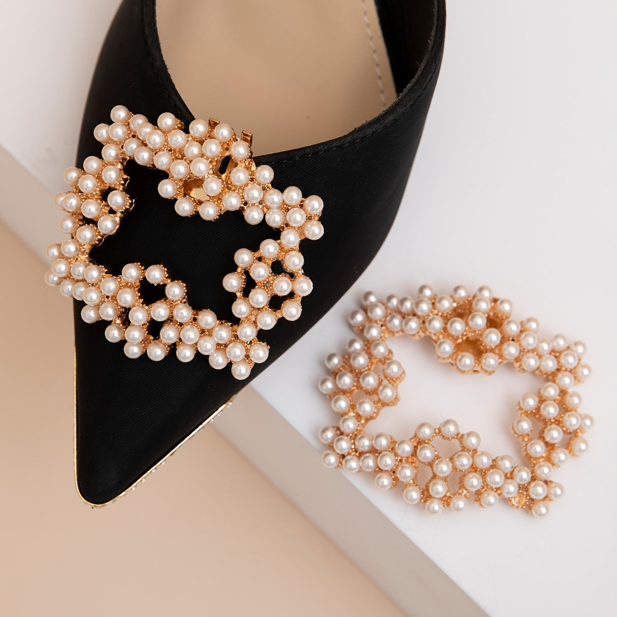 Faux Pearl Square Shoe Buckles For High Heels - Wedding Decoration