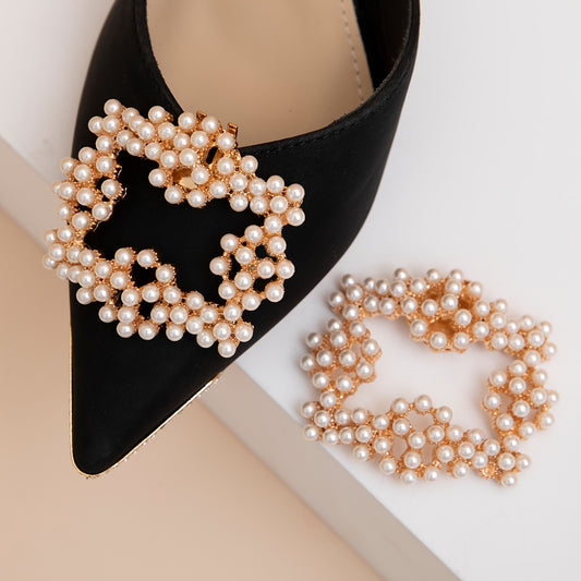 Faux Pearl Square Shoe Buckles For High Heels - Wedding Decoration