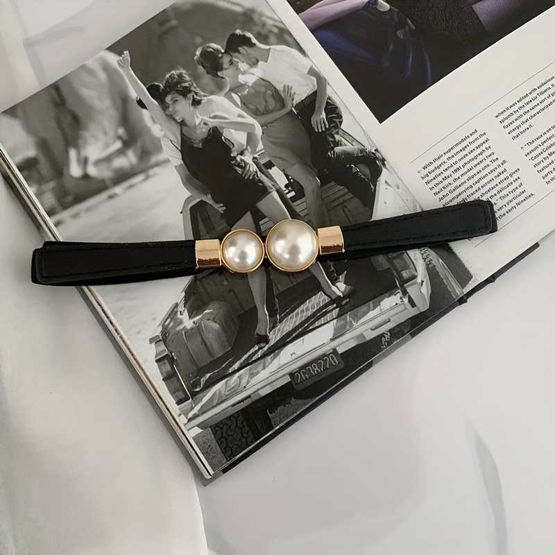 Luxurious Faux Pearl Thin Belt with an Adjustable Elastic Waistband