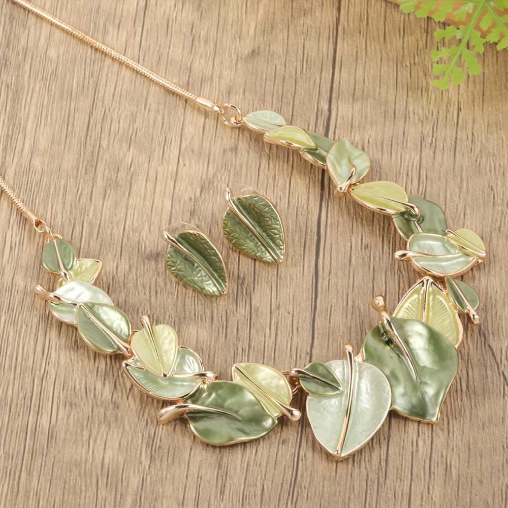 Leaf Shaped Earrings and Necklace Set Olive Green Jewelry for Gifts, Weddings, and Daily Wear