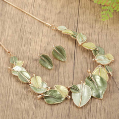 Leaf Shaped Earrings and Necklace Set Olive Green Jewelry for Gifts, Weddings, and Daily Wear