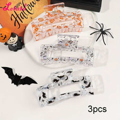 Halloween Hair Claw Set of 3 Large Rectangular Clips with Skull Prints