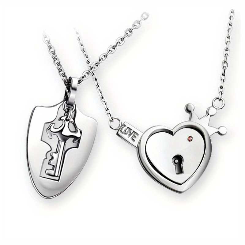 Women's Silver Plated Pair Of Lock And Key Pendant Necklaces