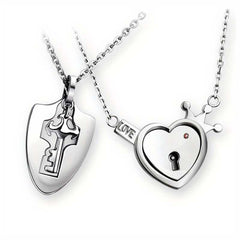 Women's Silver Plated Pair Of Lock And Key Pendant Necklaces