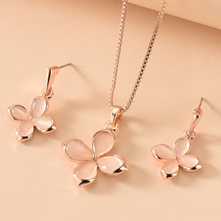 Delicate Pink Four Leaf Clover Opal Pendant Necklace & Earrings Set