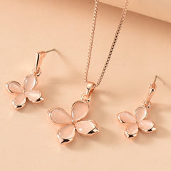 Delicate Pink Four Leaf Clover Opal Pendant Necklace & Earrings Set