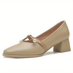 Faux Pearl Chunky Heel Pumps, All Match Dress Shoes