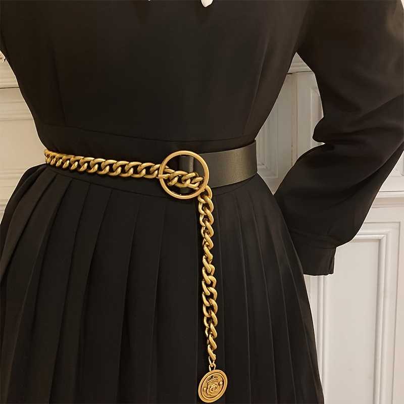 Vintage Inspired Chain Stitching Belt With Adjustable Metal Chain Pendant