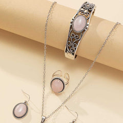 Boho Style Silver Plated Jewelry Set with Necklace, Earrings, Bangle, and Ring Inlaid with Pink Natural Stone