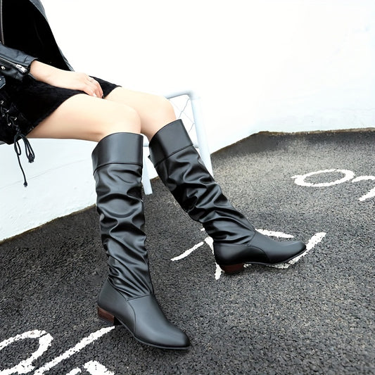 Women's Slouchy Mid Calf Boots Low Heeled Pull On Boots