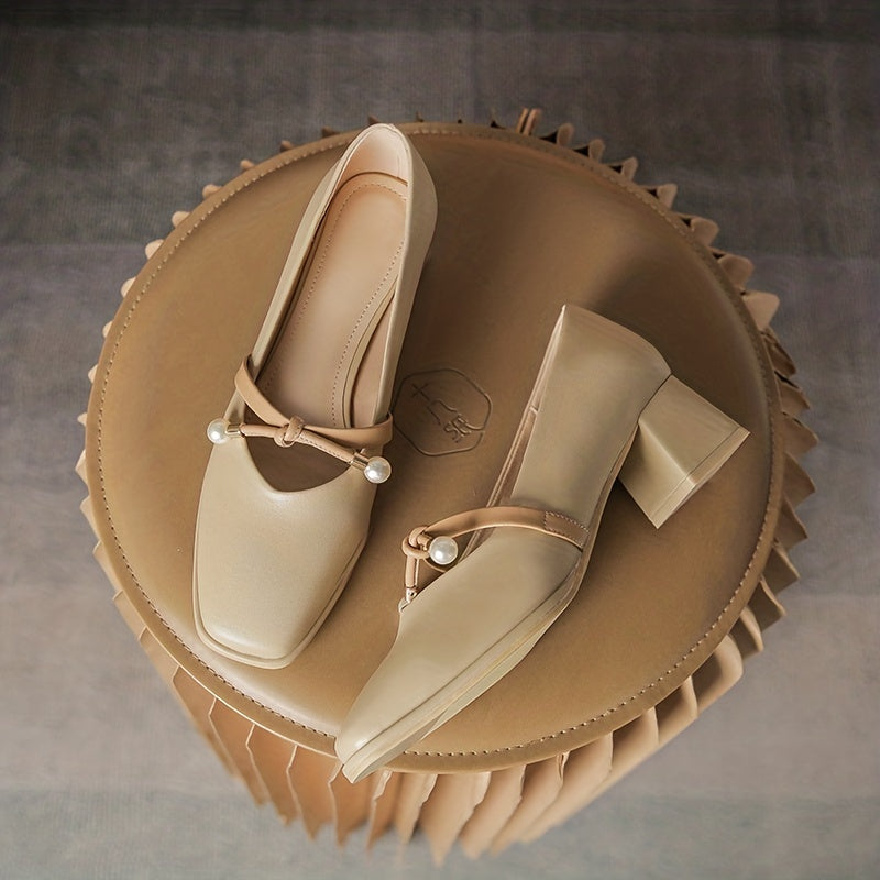 Faux Pearl Chunky Heel Pumps, All Match Dress Shoes