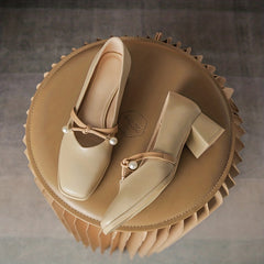 Faux Pearl Chunky Heel Pumps, All Match Dress Shoes
