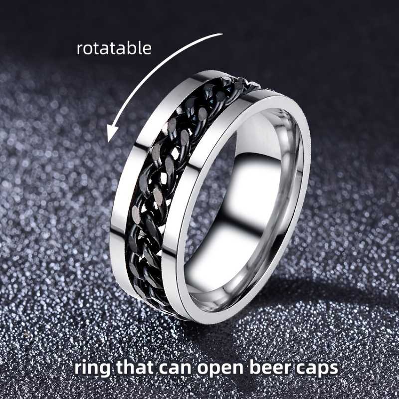 Unisex Silver Plated Fidget Spin Ring With Inlay Chain