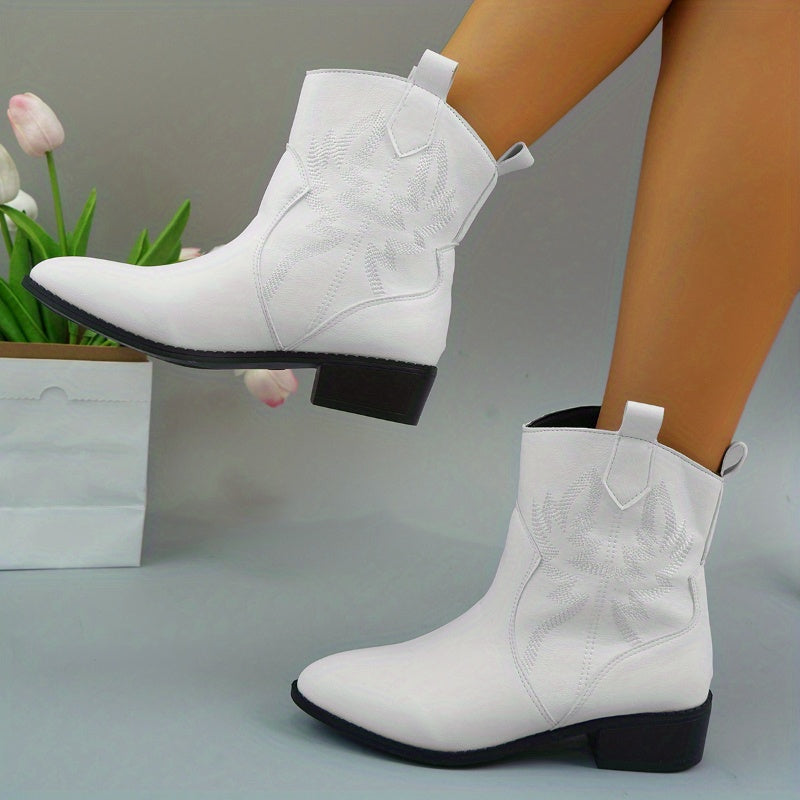 Women's Embroidered Chunky Heeled Ankle Boots