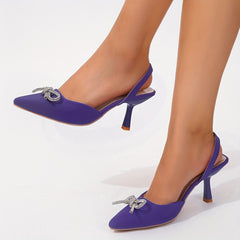 Rhinestone Bow Stiletto Sandals Satin Slingback High Heels