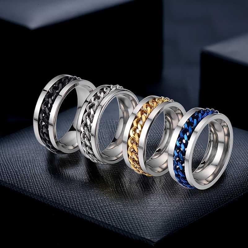 Unisex Silver Plated Fidget Spin Ring With Inlay Chain