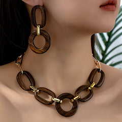 Vintage Boho Wooden Jewelry Set Matte Finish Necklace & Earrings