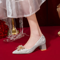 Rhinestone Block Heel Pointed Pumps Glitter Shoes