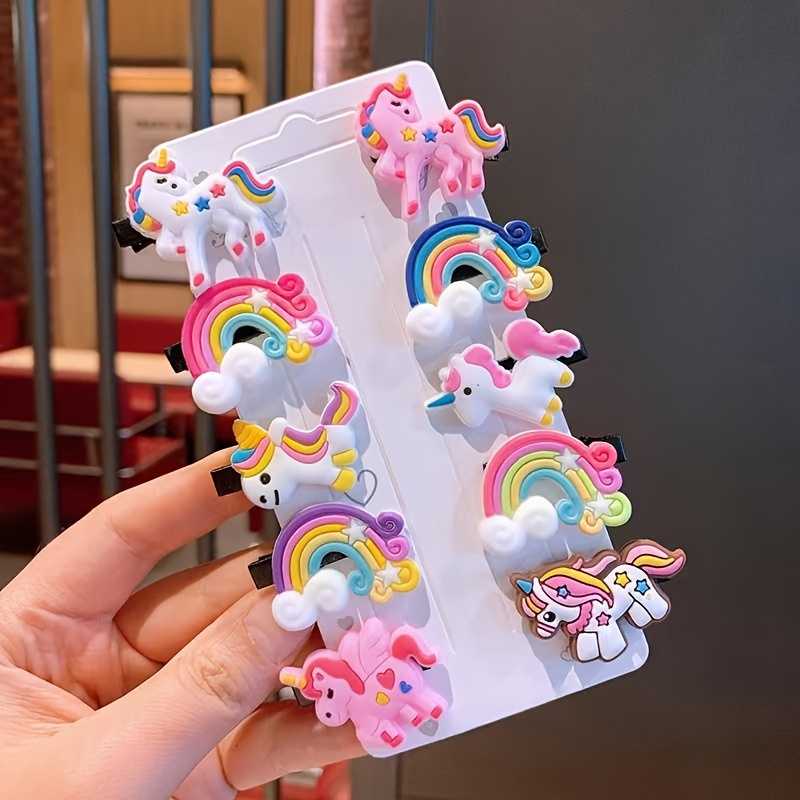 10pcs Adorable Resin Hair Clips Set for Girls Rainbow and Unicorn Designs