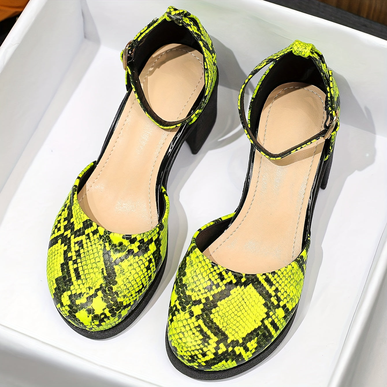 Snakeskin Chunky Heels Buckle Strap High Heels Dress Pumps