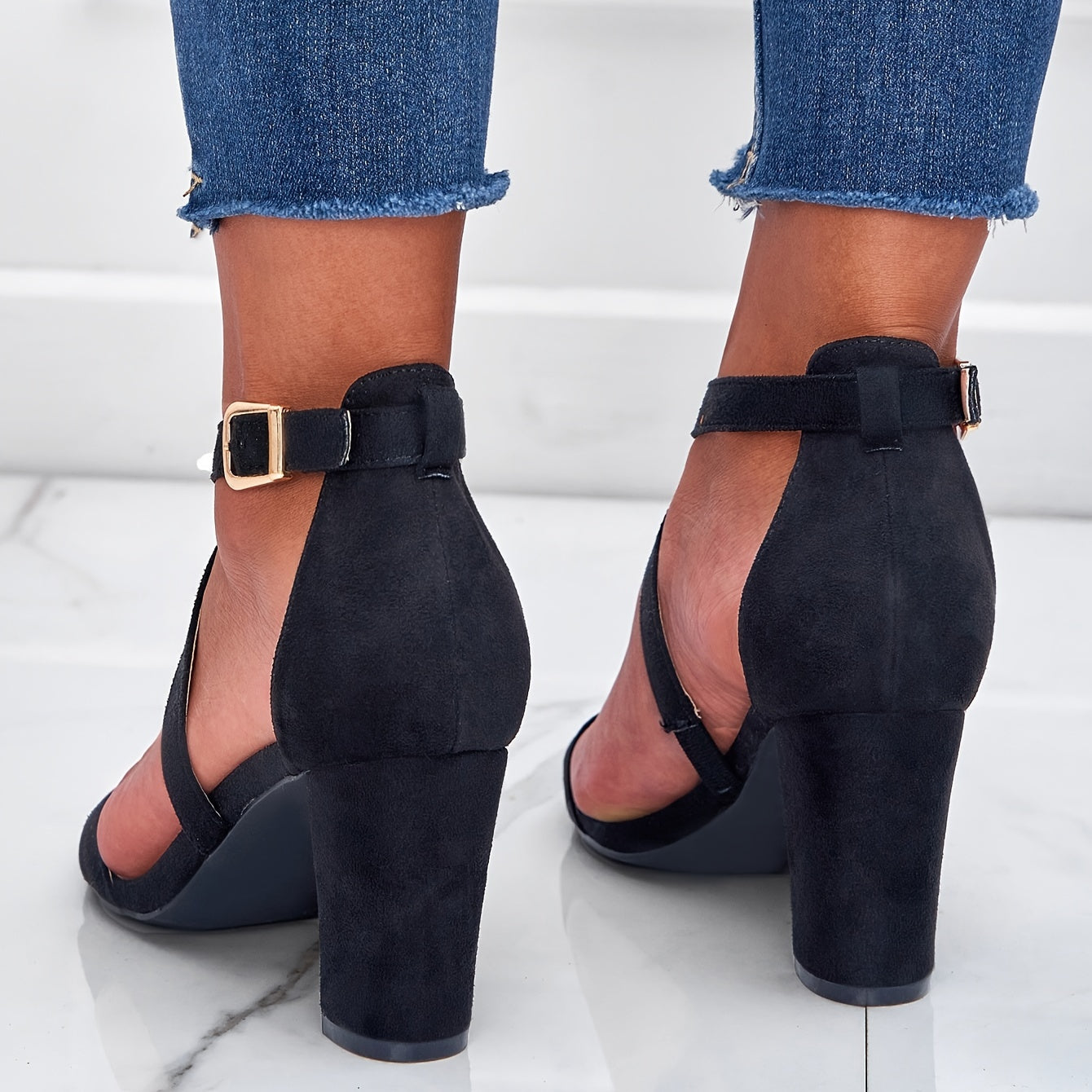 Cross Strap Block Heel Sandals Open Toe Buckle High Heels