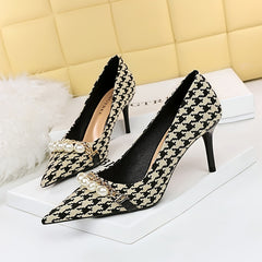 Metal Chain & Faux Pearl High Heel Pumps Houndstooth Stiletto Heels